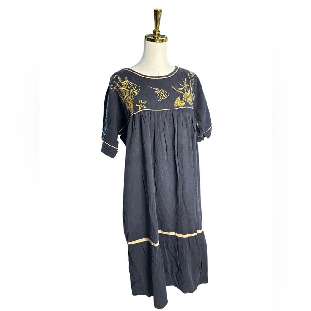 Appel Vintage Gold and Black Seashell Craftan Dress Moo Moo Mu Mu Size L
